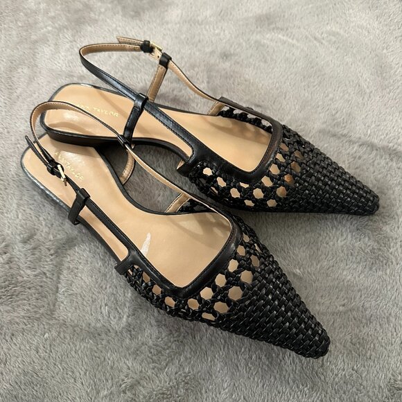 Ann Taylor Woven Nip Toe Slingback Flats Shoes Women's 9 Black Pointed - Picture 1 of 5